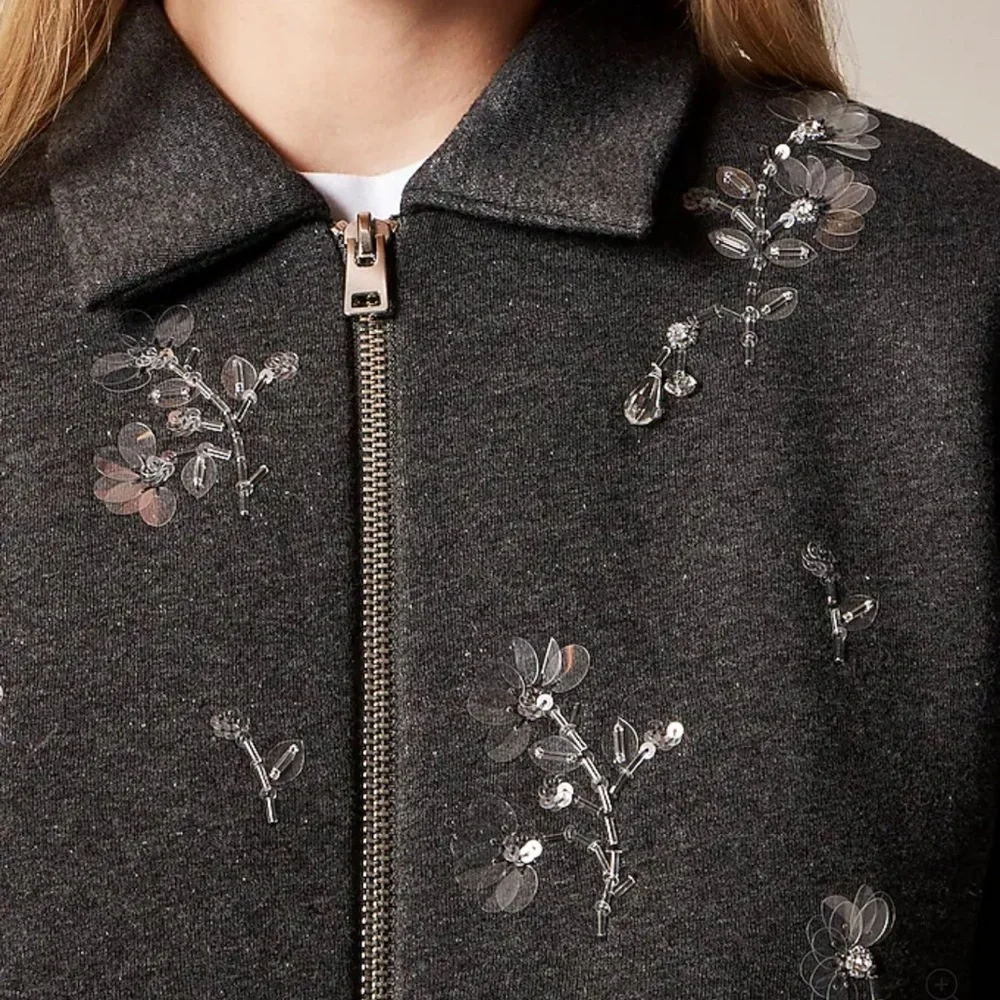 J.Crew Embellished bomber jacket in heritage fleece Hthr Grey